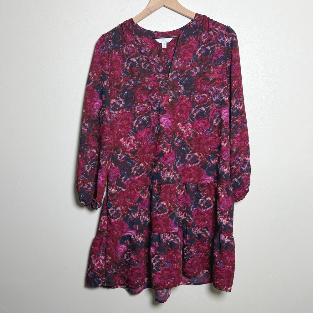 Time and Tru Burgundy Floral Tiered Mini Dress Long Sleeve Split Neck Small 4-6
